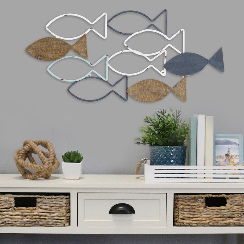 Stratton Home Decor ديكور جدار سمك المدرسة من ستراتون هوم ديكور - قطعة مركزية زخرفية مصنوعة يدويًا، زينة داخلية بطابع ساحلي، قطعة تزيين بحرية لغرفة النوم، غرفة المعيشة، الممر، الدراسة - Image 2